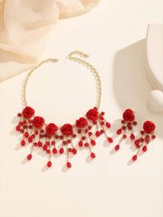 Ladies' Jewelry Set of 3: Elegant Classic Style Red Rose Layer Crystal Tassel Pendant Necklace + Rose Earrings, Retro and Fashionable Women's Jewelry Set