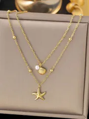 ジュエリー レディース ネックレス 1個 カジュアル  2025年新作 18Kゴールドステンレススチール 高保護ダブルレイヤーシェル&ヒトデペンダントネックレス、女性、ビーチ&リゾートウェア向け、防水ジュエリーアク