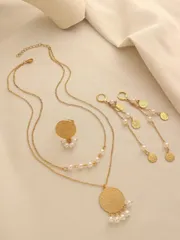 ジュエリー レディース セット ビンテージ風 合金メッキ フェイクパール タッセル コインペンダント ネックレスピアスリングジュエリーセット1セット、女性の日常着やホリデーギフトに適しています