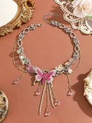 ジュエリー レディース ネックレス 1個 Y2Kピンクバタフライ&ハートペンダント フラワーデコレーション&チェーンタッセル付きネックレス、魅力的なジュエリーギフト、ホリデー/誕生日用