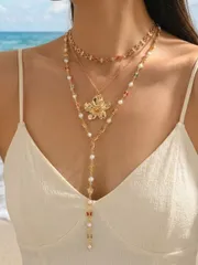 ジュエリー レディース ネックレス 3個セット 夏用 多用途 カラフルな蝶とフェイクパール ハンドメイドチェーンネックレス、フラワーペンダントデザイン、デイリーウェア、ビーチバケーション、デート、パーティーに適して