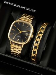 Men's Quartz Watch, Battery-Powered, with Calendar Function, Retro Style, Casual Fashion, Adjustable Strap Length, Minimalist Square Dial, Includes Bracelet Jewelry Set, Suitable for Daily Wear