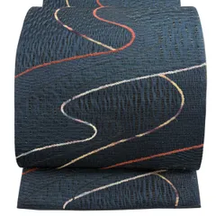 【美品】 袋帯 名品 関西仕立て 幾何学模様 金糸 紺色 全通 正絹 【中古】