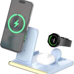 EARMAC 4-in-1 무선 충전기, 호환품 iPhone 시리즈, 호환품 Samsung 시리즈, 호환품 스마트폰 대응, 호환품 iWatch/Galaxy Watch, 호환품 AirPods 대응, 2단계의 밝기 조정이 가능한 정음 터치 조정 LED 첨부