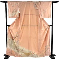 訪問着 身丈161cm 裄丈61.5cm S 袷 菊 蝶 金彩 ぼかし 薄オレンジ 正絹 秀品 【中古】のサムネイル