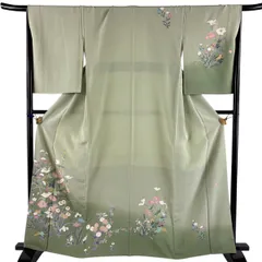 訪問着 身丈162.5cm 裄丈68cm L 袷 落款 草花 ぼかし 薄緑 正絹 秀品 【中古】のサムネイル