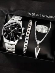 Men's Quartz Watch with Silver Strap, Casual Business Retro Style, 3-Digit Roman Numeral Dial, Quartz Watch, Bracelet, Necklace, Ring, Jewelry Set, Suitable for Daily Wear, Decoration, and Holiday Gifts.
