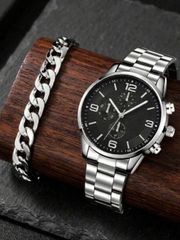 Men's Watch Set (2 Pieces): Men's Quartz Watch Bracelet Jewelry Set, Business Retro Minimalist Scale 3-Dial, Perfect for Daily Wear, Party Decoration, Father's Day or Other Celebration Gifts.
