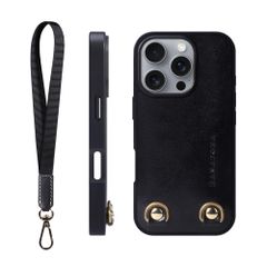신품 HANATORA for iPhone 16 Pro 케이스 가죽 내충격 스트랩 링 스마트폰 케이스 스마트폰 핸드 스트랩 첨부 이탈리안 레더 기프트 마그넷 없음 블랙 TGN-16 Pro-Black