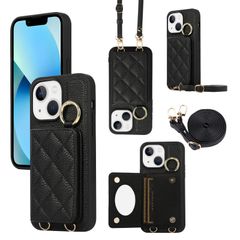 신품 Succtopy iphone 13 케이스 수첩형 숄더 스마트폰 케이스 iphone13 케이스 후면 수첩형 거울 첨부 어깨걸이 목걸이 대각선 걸이 스트랩 착탈가능 iphone13 케이스 지갑 첨부 링 첨부 케이스 아이폰 13 케이스 스트라