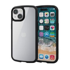 신품 ELECOM iPhone15 케이스 TOUGH SLIM LITE 후면 유리 내충격 충격 흡수 얇은 경량 스트랩 시트 부착 스트랩 홀 첨부 [전주 배치의 에어 쿠션이 충격을 흡수] 블랙 PM-A23ATSLFCGBK