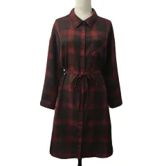 イッカ ikka ワンピース シャツワンピース Aライン ひざ丈 リボンベルト チェック 長袖 M 赤 茶 レッド ブラウンのサムネイル