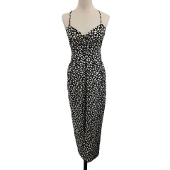 ザラ ZARA ワンピース キャミワンピ Iライン ロング 花柄 リネン ノースリーブ USA S 黒 白 ブラック ホワイト