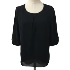 レッセパッセ LAISSE PASSE ブラウス カットソー プルオーバー ラウンドネック シフォン 無地 リボン 切替 レース ナイロン 七分袖 38 黒 ブラックのサムネイル