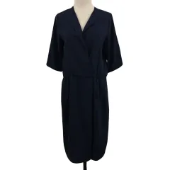 オフオン ofuon stylish ワンピース Iライン ロング タック カシュクール風 無地 七分袖 38 紺 ネイビーのサムネイル