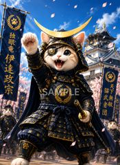戦国武将ねこ 伊達政宗風 甲冑にゃんこ 独眼サムライ 和風ファンタジー