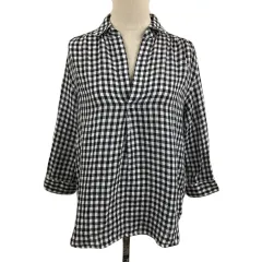 ロペピクニック ROPE Picnic シャツ ブラウス スキッパー プルオーバー チェック リネン 七分袖 38 黒 白 ブラック ホワイト