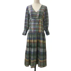 B&Y ユナイテッドアローズ BEAUTY&YOUTH ビューティー&ユース Forever That Girl ワンピース フレア ロング チェック マルチカラー 長袖 S 緑 青 グリーン ブルーのサムネイル