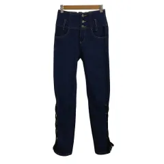 アクシーズファム axes femme POETIQUE パンツ デニム ジーンズ スキニー ロング ハイウエスト ウエストゴム ジップフライ レースアップ 無地 M 紺 青 ネイビー ブルーのサムネイル