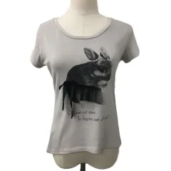 バーニーズニューヨーク BARNEYS NEW YORK カットソー Tシャツ プルオーバー ラウンドネック フリル リボン レース ラメ ビジュー プリント 半袖 グレー ベージュのサムネイル