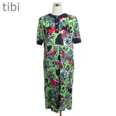 tibi ティビ ニット ワンピース ドレス 半袖 ロング丈 総柄 花柄 金ボタン グリーン イタリア製 サイズ42 レディース