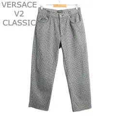 ヴェルサーチクラシック VERSACE V2 CLASSIC デニムパンツ ジーンズ 総柄 ロゴプレート ジッパーフライ ストレート コットン ネイビー×ホワイト サイズ32 メンズ ユニセックスのサムネイル