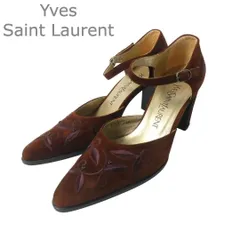 美品 イヴサンローラン Yves Saint Laurent パンプス スエード レザー リーフ柄 ビーズ アンクルストラップ ポインテッドトゥ チャンキーヒール ブラウン サイズ35.5 22.5cm レディースのサムネイル