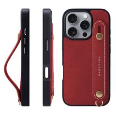 신품 HANATORA for iPhone 16 Pro 케이스 가죽 내충격 후면 벨트 스마트폰 케이스 스마트폰 스탠드 기능 넥 스트랩 첨부 엠보스 레더 선물 마그넷 없음 레드 NGH-16 Pro-Red