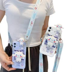 [신품] 계피 롤 스마트 폰 케이스 iPhone 16 용 케이스 미러 숄더 스트랩 목걸이 스트랩 스탠드 기능 TPU 보호 커버 아이폰 16 용 케이스 휴대 스트랩 전면 렌즈 보호
