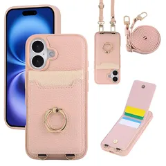 【新品】 Yuotky for iPhone 16 ケース 手帳型 いphone16 ケース ショルダー あいふおん16カバー 背面手帳型 アイフォン16 スマホケース リング付き スタンド機能 カード収納 肩掛け 耐衝撃 携帯ケース (ピンク)