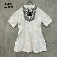 EVRIS エヴリス Fサイズ ホワイト 綿100% Embroideryワンピース 五分袖 ひざ丈 チュニック エスニック 刺繍 幾何学模様 タッセル紐 Vネック スリット タック入り Aライン カジュアル フェミニン ストリート モード ★ ■◇のサムネイル
