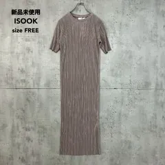 新品未使用 ISOOK アイスー F プリーツ イージー ワンピース グレー 灰色 半袖 ロング マキシ 丈 タイト ストレート シルエット クルー ネック 丸首 カットソー プルオーバー 光沢 サテン 風 ボトムス 上品 ★ ■◆のサムネイル