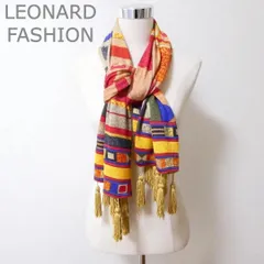 美品 LEONARD FASHION レオナールファッション マフラー ストール ショール タッセル フリンジ 総柄 ウール×シルク マルチカラー レディースのサムネイル