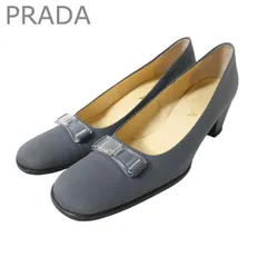 美品 PRADA プラダ テスート パンプス スクエアトゥ ミドルヒール チャンキーヒール ロゴプレート ファブリック グレー サイズ37 約24cm レディースのサムネイル