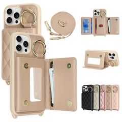[신품] CLICSUN iPhone 14 Pro 용 케이스 숄더 후면 카드 수납 아이후온 14 프로 휴대 케이스 PU 가죽 스마트 폰 케이스 있어 phone14pro 대응 지갑형 거울 첨부 스트랩 첨부 대각선 목걸이 어깨걸이 조절 가능한 아이포