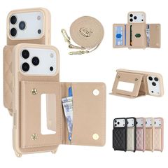 [신품] CLICSUN iPhone 17 Pro 용 케이스 숄더 후면 카드 수납 아이후온 17 프로 휴대 케이스 PU 가죽 스마트 폰 케이스 있어 phone17pro 대응 지갑형 거울 첨부 스트랩 첨부 대각선 목걸이 어깨걸이 조절 가능한 아이포