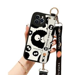 [신품] 뿌리 쿠로스케 귀여운 스마트 폰 케이스 iPhone 16 용 케이스 스마트 폰 케이스 목걸이 스트랩 휴대 스트랩 리스트렛 아이폰 16 용 케이스 실리카 겔 보호 스탠드 기능 스마트 폰
