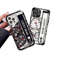 [신품] Arpe 귀여운 iPhone 13 Pro 용 케이스 베어 브릭 카우즈 스마트 폰 케이스 리스틀릿 킥 스탠드 아이폰 13 Pro 용 케이스 가짜 가죽 보호 커버 스탠드 기능 컬러 (검정)