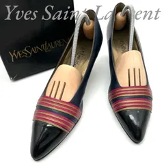 【B5346】 Yves Saint Laurent イヴ サンローラン パンプス ポインテッドトゥ レザー エナメル ネイビー ボーダー リボン レディースのサムネイル