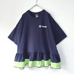 古着リメイクTシャツ　ネイビー×ライトグリーン　裾ギャザーフリル　横切り替え　配色メロー　バックプリント　イラスト　犬　アニマル　動物　紺　黄緑　バイカラー