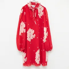 GANNI ガニー ワンピース フリル ボウタイ リボン プリーツ 花柄 パフスリーブ  ポリエステル レッド レディース 34 b01385のサムネイル