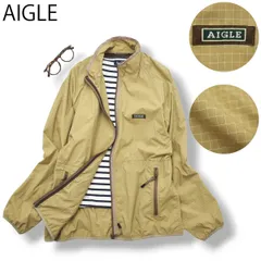 【美品】 エーグル AIGLE ナイロン ジャケット ウィンドブレーカー ジャンパー ラグランスリーブ 裏地 メッシュ ベンチレーション M チェック柄 ベージュ アウトドア ウェア メンズのサムネイル