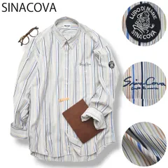 日本製 シナコバ SINACOVA 長袖 ボタンダウン コットン シャツ シングルポケット ラウンドヘム ロゴ デザイン LL ストライプ柄 マルチカラー シティールック マリン カジュアル メンズのサムネイル