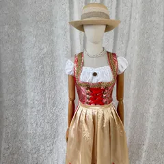 ドイツ民族衣装風 ディアンドルワンピース ピンク サテン リボン レースアップ 刺繍 チロル オクトーバーフェスト コスチューム ヨーロッパ古着