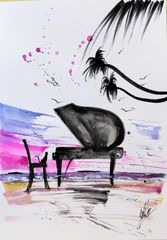 原画#526 黒猫 猫 マルタ共和国 夕暮れ 水彩画 ドローイング アート