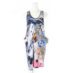 ビーシービージーマックスアズリア BCBGMAXAZRIA シルクワンピース ミニ ノースリーブ アシンメトリー レイヤード タイダイ 花柄 プリント 小さいサイズ XS 青 ブルー /CK21 ■GY99のサムネイル