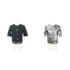 エンポリオアルマーニ EMPORIO ARMANI ノーカラージャケット リバーシブル 半袖 メタリック 光沢感 38 S 紺 ネイビー /AH20 ■GY19のサムネイル