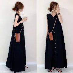 ワンピース レディース 夏物 袖なし vネック ボタン 開襟 はおり ロングワンピース ノースリーブ 黒ワンピース 40代50代60代70代 リゾート 楽チ#fjxcq
