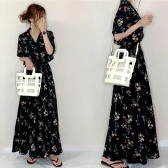 花柄 ワンピース ロング 春 夏 ワンピ マキシ レディース シャツワンピース マキシワンピース 半袖 ロングワンピース きれいめ vネック 総柄 サマー 海 旅行 カジュアル ファッション ドレス Aライン オシャレ 総柄ワンピー#quowe