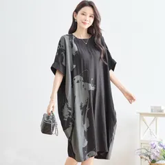【大きいサイズ L LL】モノトーンアートプリントワンピース 夏 ワンピ 体型カバー ゆったり ロング レディース おしゃれ 個性的 ゆったりコクーンワン